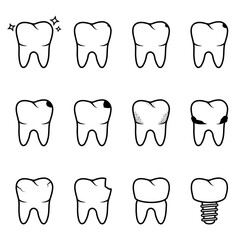 Set of healthy and bad teeth. Dental problems and tooth diseases. Line vector illustration.