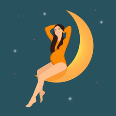 Pregnant woman and moon, background with night starry sky, Vector