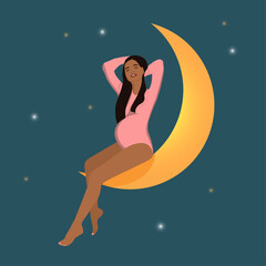 Swarthy pregnant woman and moon, background with night starry sky, Vector