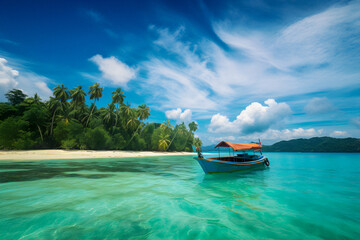 Fototapeta na wymiar View of a Tropical Paradise: Boat in Crystal-Clear Turquoise Waters