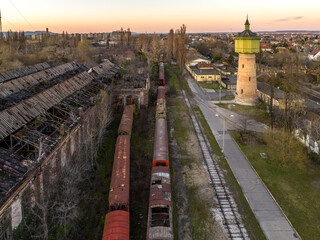Fototapeta na wymiar Hungary - Budapest - Old and abandoned Railways and trains from the air (Historical Train Park)
