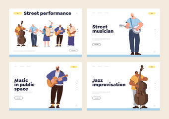 Set of landing page template with musicians playing melody using different musical instrument © Iryna Petrenko