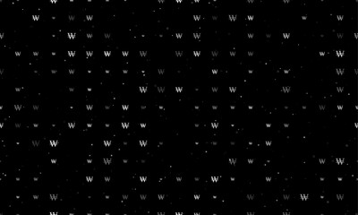 Seamless background pattern of evenly spaced white Korean won signs of different sizes and opacity. Vector illustration on black background with stars
