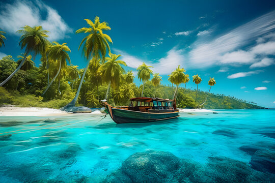 View of a Tropical Paradise: Boat in Crystal-Clear Turquoise Waters