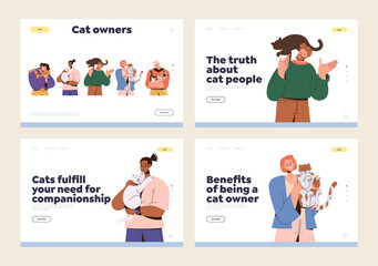 Landing page design page with happy pet owners playing and cuddling with their cats