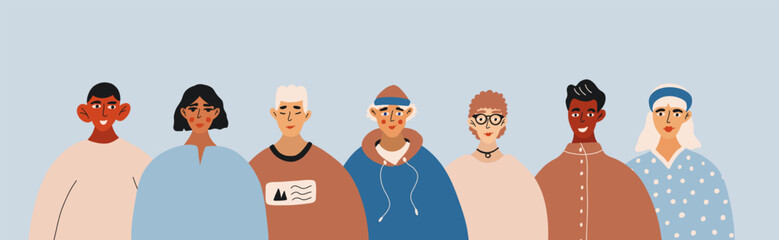 Obraz premium Diverse Unique Self team cartoon vector illustration. Unity in diversity. People of different nationalities and religions characters. Multinational society. Pattern for site, social, book, banner.