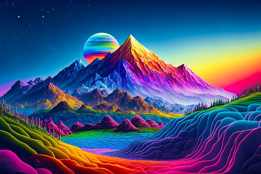 Rainbow landscape, mountain, colorful, fantasy. Generative AI