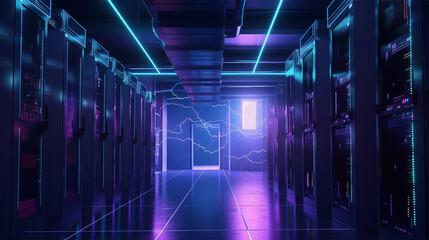 Fototapeta na wymiar A big IT Serverroom, neon lightning, futuristic matrix style