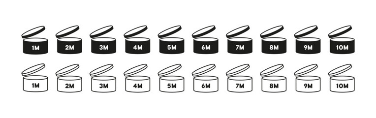 Expiration date set icon. Date of storage of goods after depressurization of packaging, opening of cans, canned food, storage time from 1 to 10 months. Vector line icon for Business and Advertising
