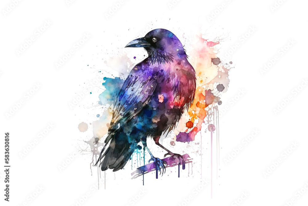 Poster raven drawn with multi-colored watercolors isolated on a white background. generated by ai