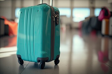 Turquoise colored suitcase at the airport, with blurred background. Waiting to catch a flight. Copyspace. Generative AI