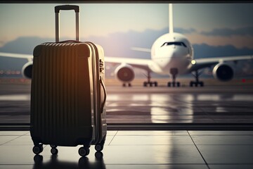 Fototapeta premium Suitcase baggage at the airport, with airplane in the background. Waiting to catch a flight. Copyspace. Generative AI