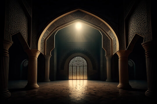An Islamic mosque interior illuminated by moonlight. Islamic concept and Ramadan celebration. Ai generated art