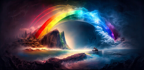 Rainbow landscape, colorful, fantasy. Generative AI