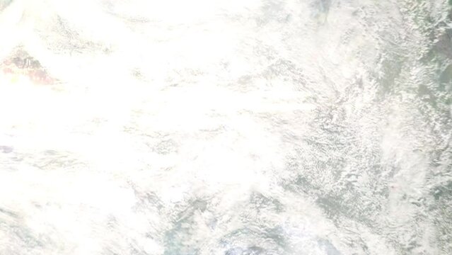 Earth zoom in from outer space to city. Zooming on Fairbanks, Alaska, USA. The animation continues by zoom out through clouds and atmosphere into space. Images from NASA