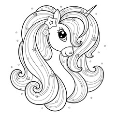The head of a beautiful unicorn with a long mane. Black and white linear drawing. For the design of coloring books, prints, posters, tattoos, stickers, cards, puzzles and so on. Vector