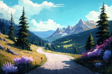 Empty road through fantasy mountains landscape in digital art style. Illustration painting. Landscape in anime style. Generative AI