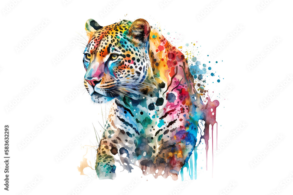 Poster leopard is drawn with multi-colored watercolors isolated on a white background. Generated by AI