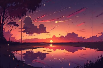 Anime scene of landscape with sunset and sky view. Digital painting. Illustration style. Anime painting line art. Generative AI.