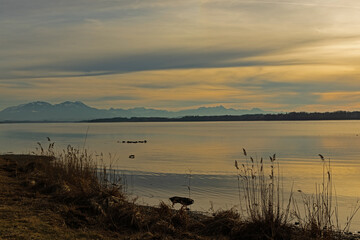 view over Chiemsee lake in sunset