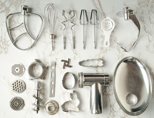 On the table are laid out in a row horizontally metal accessories for the preparation of...