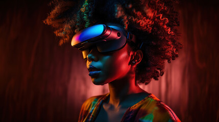 Portrait of African-American woman wearing virtual reality headset. Vivid colors neon glowing HMD generative ai
