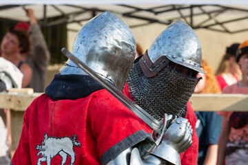 Historical restoration of knightly fights. Summer time medieval festival .Festival of medieval...