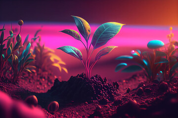 Fototapeta na wymiar Seedling are growing in the soil with backdrop of the sunlight. Planting trees to reduce global warming. Retrowave colors. Generative Ai.