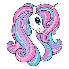 The head of a beautiful unicorn with a rainbow mane. For children's design of prints, posters, cards, stickers and so on. Vector
