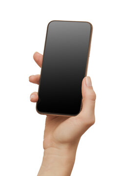 Female hand holding modern mobile phone with black screen isolated at white background. Cellphone mockup. Vertical image.