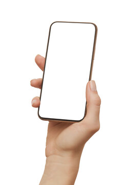 Female hand holding modern mobile phone with blank screen with clipping path isolated at white background. Cellphone mockup. Vertical image