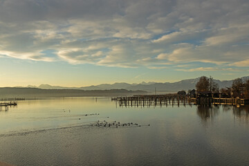 view over Chiemsee lake in sunset