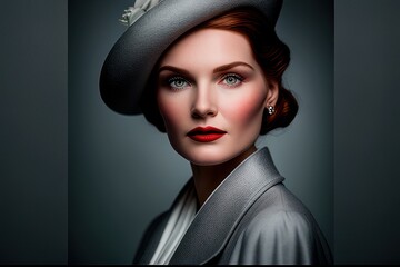 Portrait of a beautiful vintage woman with grey background. Fictional person created with Generative AI