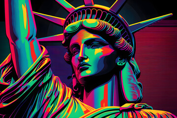Statue of liberty in neon psychodelic style, AI generated - obrazy, fototapety, plakaty