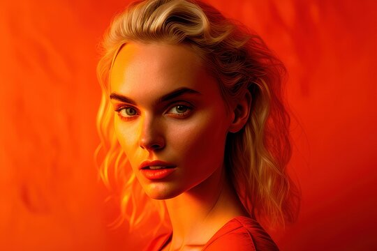 Portrait of a beautiful woman with orange background. Fictional person created with Generative AI