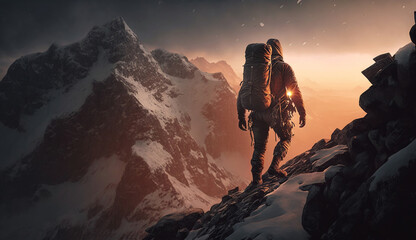 Mountain climber scaling a peak, with a sense of challenge and perseverance and a focus on endurance and strength, with sunset baground. Generative Ai