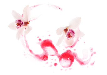 Two orchids and abstract pink gel splatter