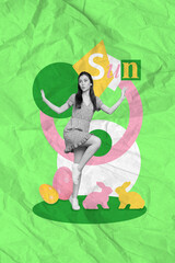 Creative 3d collage photo picture poster image brochure of attractive pretty lady enjoy walking nature isolated on painted background