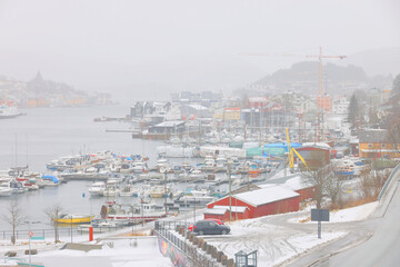 Panorama of Kristiansund town in harsh winter condition, western Norway, Europe	
