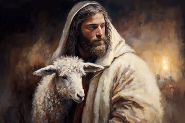 Jesus Christ, Son of God, the good shepherd with a lamb, symbol of Christianity, art painting, Happy easter. Christian symbol of faith, generative ai