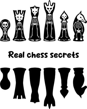 Skeletons of chess pieces - king, queen, bishop, rook, knight and pawn. Invisible chess warriors. Real chess battle. Isolated vector image