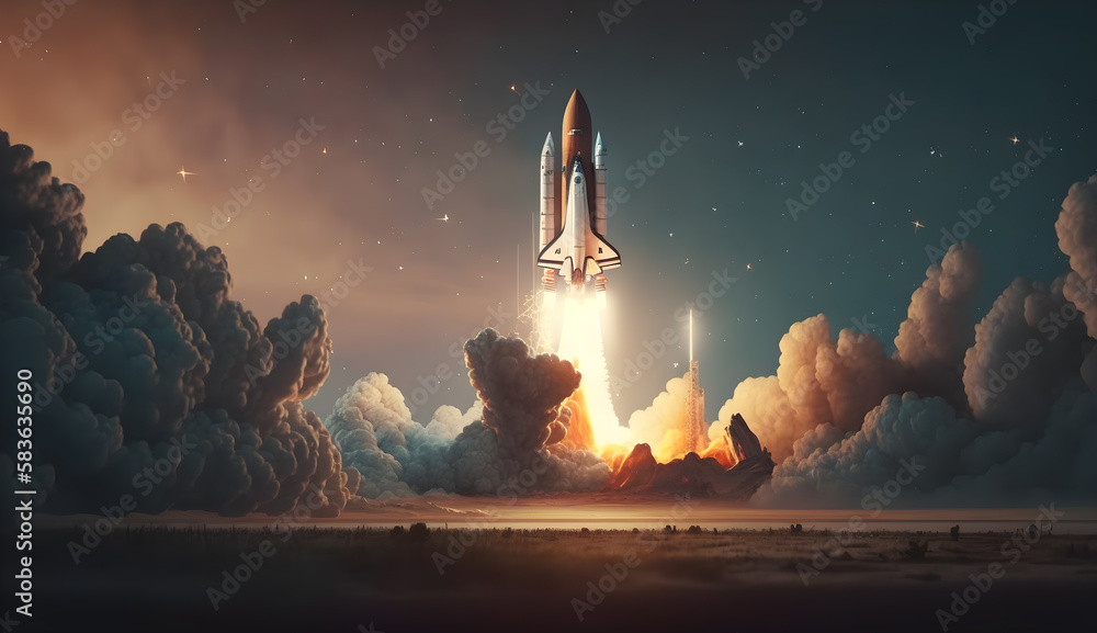 Wall mural spaceship flying above the clouds ready to liftoff-ai generative