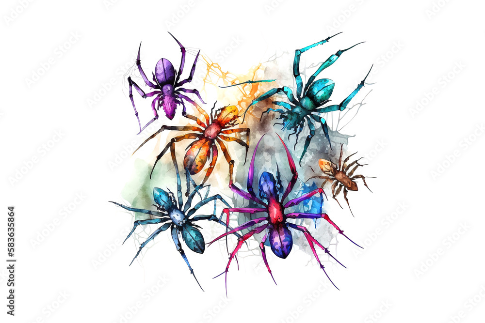 Poster spiders are drawn with multi-colored watercolors isolated on a white background. generated by ai