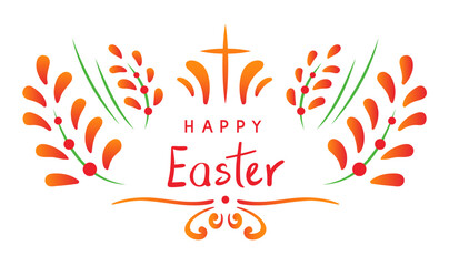 Hand - drawn vector illustration ornament with a cross and branches to Christian Easter isolated on a white background.