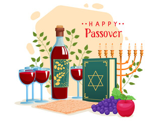 Hand - drawn vector illustration with a bottle of wine, a glass of a glass with wine, apple, grapes, minor, matza - jewish traditional bread and haggadah to Jewish Passes isolated on a white.