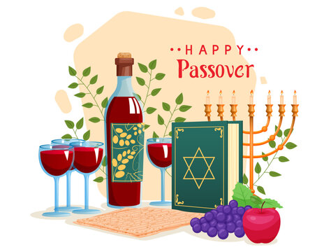 Hand - drawn vector illustration with a bottle of wine, a glass of a glass with wine, apple, grapes, minor, matza - jewish traditional bread and haggadah to Jewish Passes isolated on a white.