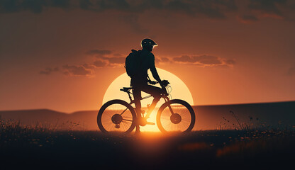 Fototapeta na wymiar Silhouette men ride bicycle at sunset, Generative Ai