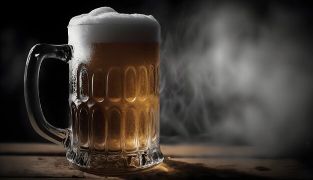 Background of a frosty mug of beer. Wallpaper illustration. Front view with copy space for text information or content. Concept of beer, pub, drink cold and refreshing. Generative AI.