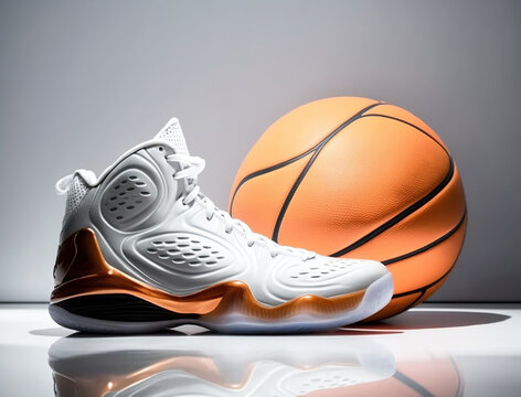 Sport Shoes And A Basketball, commericial photo, Generative Ai