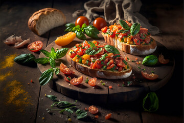 Home made bruschetta, hyper realistic, food photography, warm studio lighting, delicious, in a rustic Italian kitchen background